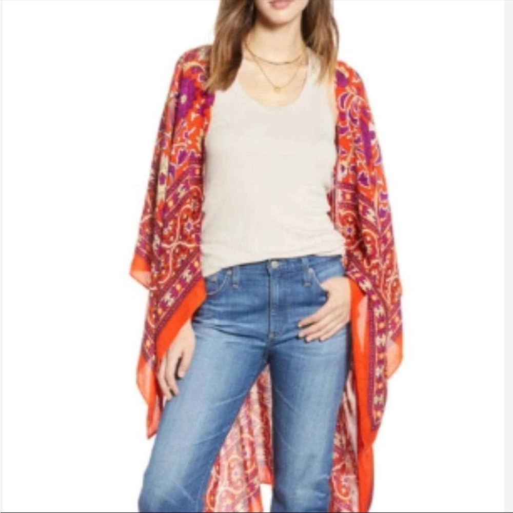 Free People Orange and Purple Floral Kimono